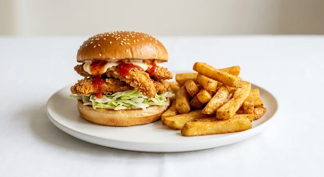 Wetherspoon Crunchy Chicken Strip Burger, southern-fried chicken strip burger with mayonnaise and chilli sauce, with chips on a white plate, nutrition and calories