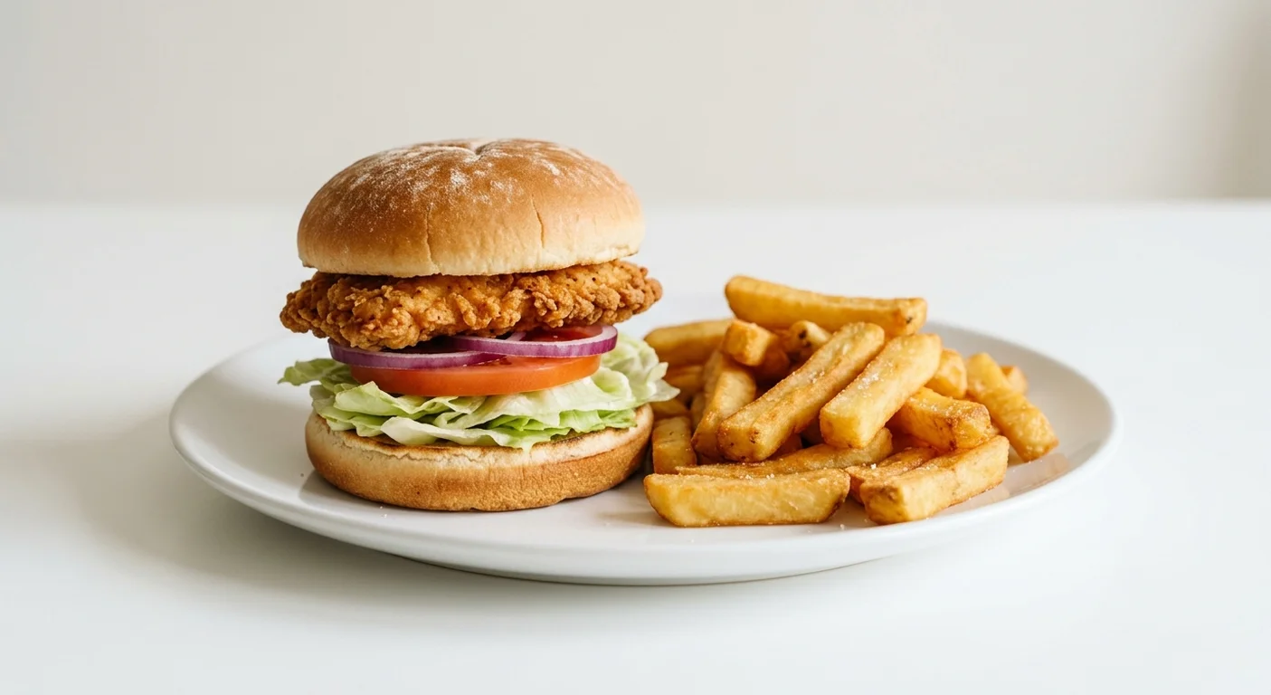 Wetherspoon Fried Buttermilk Chicken Burger, fried buttermilk chicken burger with lettuce, tomato and red onion, with chips on a white plate, nutrition and calories