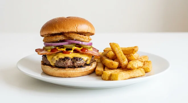 Wetherspoon Empire State, beef burger with cheese, bacon, gherkins, onion ring, ketchup and mustard, with chips on a white plate, nutrition and calories