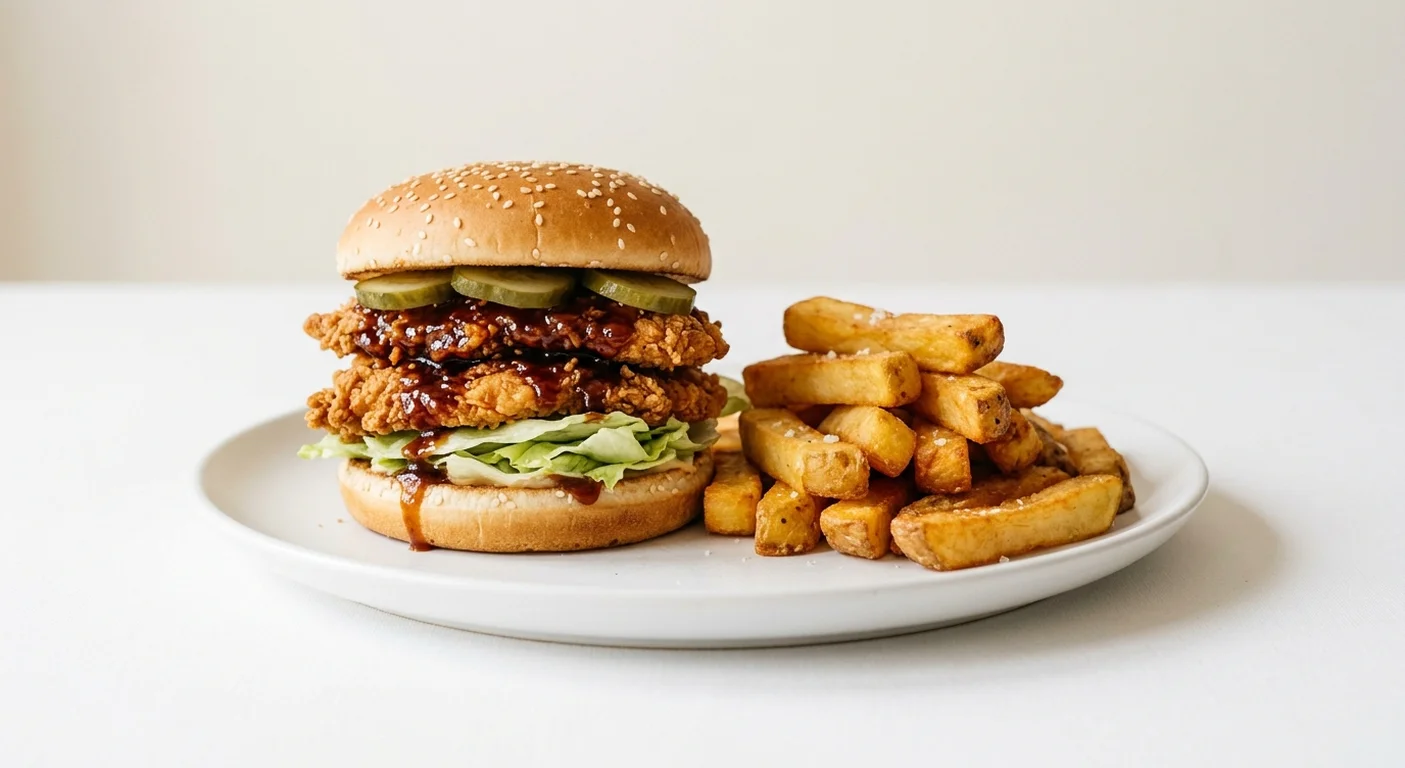 Wetherspoon Korean Crunchy Chicken Strip Burger, chicken strip burger in Korean-style BBQ sauce with lettuce and gherkins, with chips on a white plate, nutrition and calories