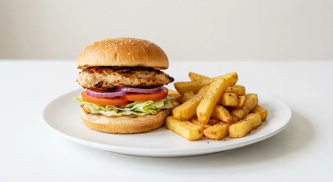Wetherspoon Grilled Chicken Burger with Chips, grilled chicken burger with lettuce, tomato and red onion, with chips on a white plate, nutrition and calories