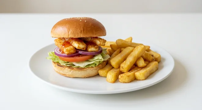 Wetherspoon Fried Halloumi-Style Cheese Burger, halloumi-style cheese burger with sweet chilli sauce and salad, with chips on a white plate, nutrition and calories