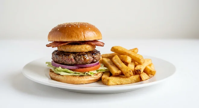 Wetherspoon Tennessee (Beef), beef burger with honey glaze, bacon, onion ring and salad, with chips on a white plate, nutrition and calories