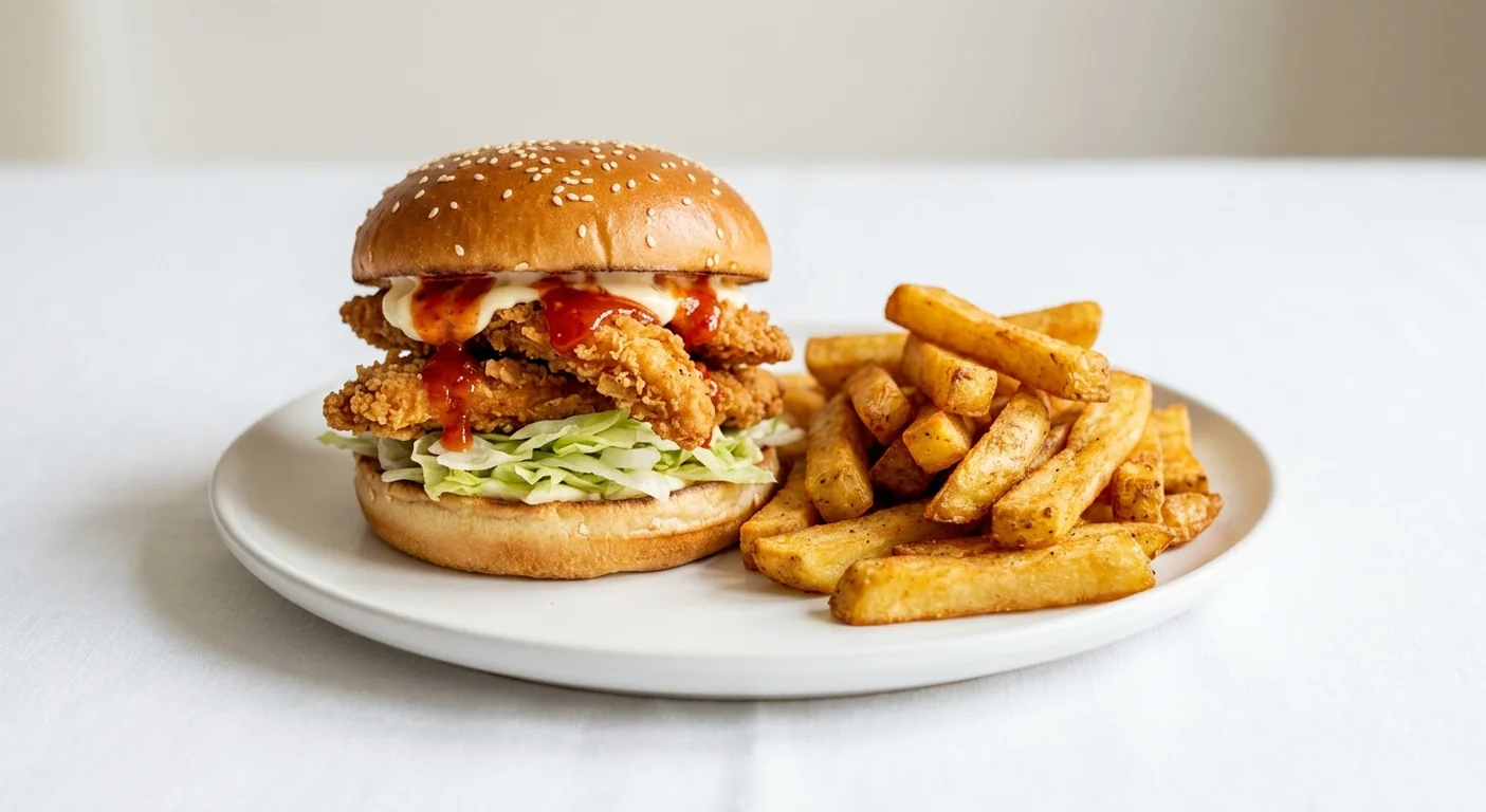 Wetherspoon Crunchy Chicken Strip Burger, southern-fried chicken strip burger with mayonnaise and chilli sauce, with chips on a white plate, nutrition and calories