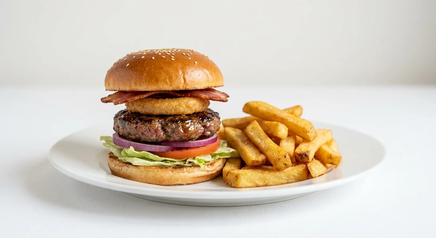 Wetherspoon Tennessee (Beef), beef burger with honey glaze, bacon, onion ring and salad, with chips on a white plate, nutrition and calories