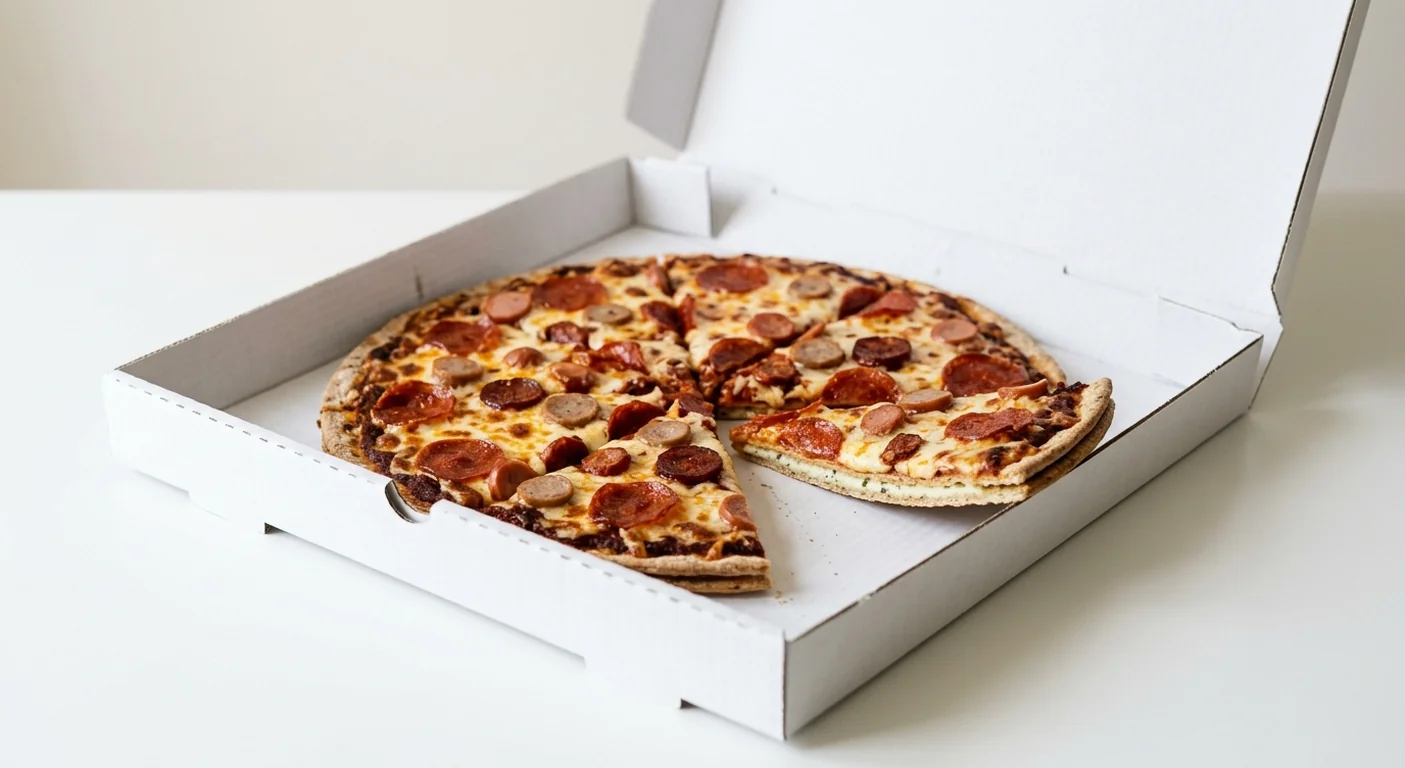 Domino's Absolute Banger (Double Decadence), whole Double Decadence pizza with pepperoni, chorizo, sausage and hot dog in a takeaway pizza box, nutrition and calories