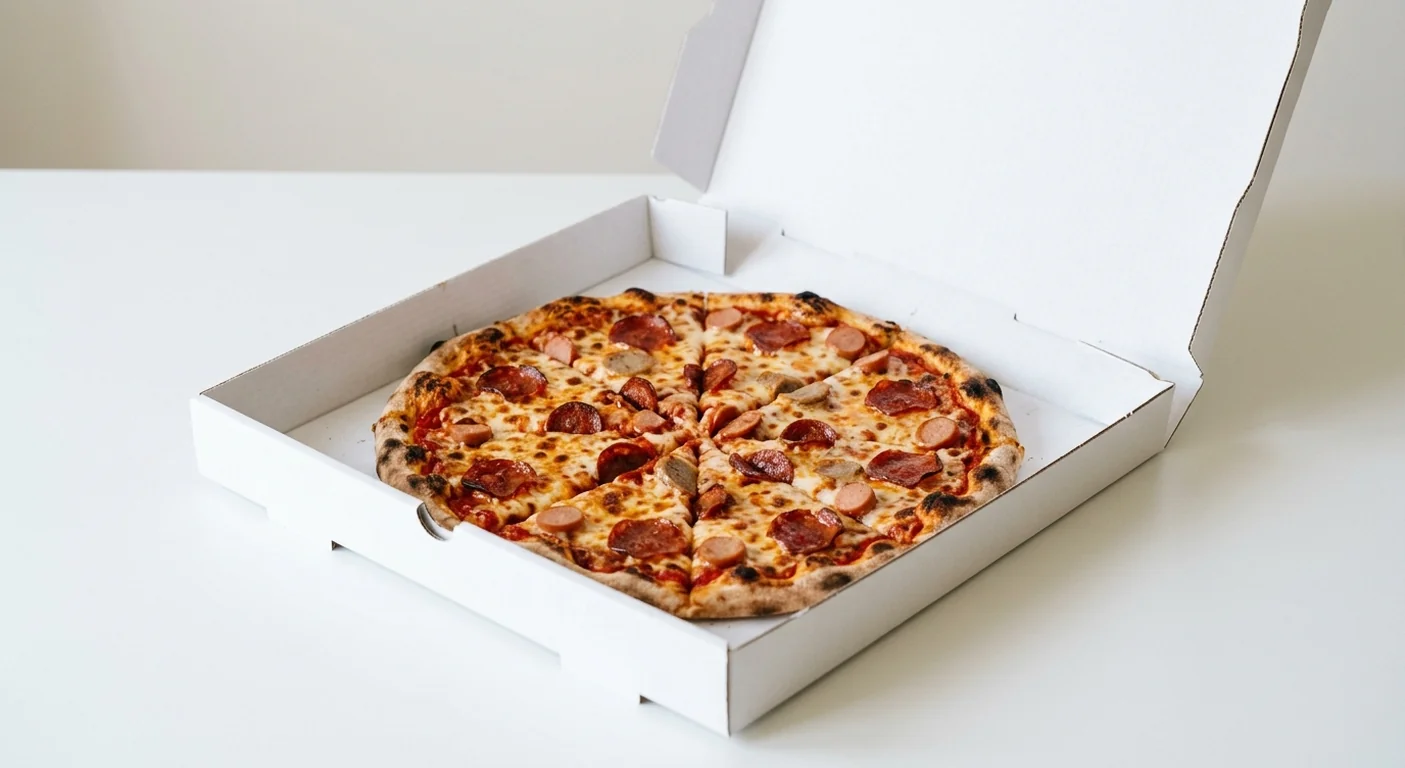 Domino's Absolute Banger (Italian Style Crust), whole Italian Style pizza with pepperoni, chorizo, sausage and hot dog in a takeaway pizza box, nutrition and calories