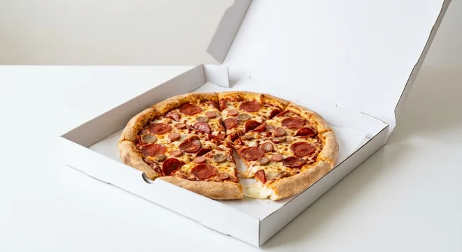 Domino's Absolute Banger (Stuffed Crust), whole Stuffed Crust pizza with pepperoni, chorizo, sausage and hot dog in a takeaway pizza box, nutrition and calories