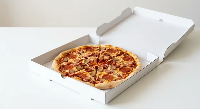 Domino's Absolute Banger (Classic Crust), whole Classic Crust pizza with pepperoni, chorizo, sausage and hot dog in a takeaway pizza box, nutrition and calories