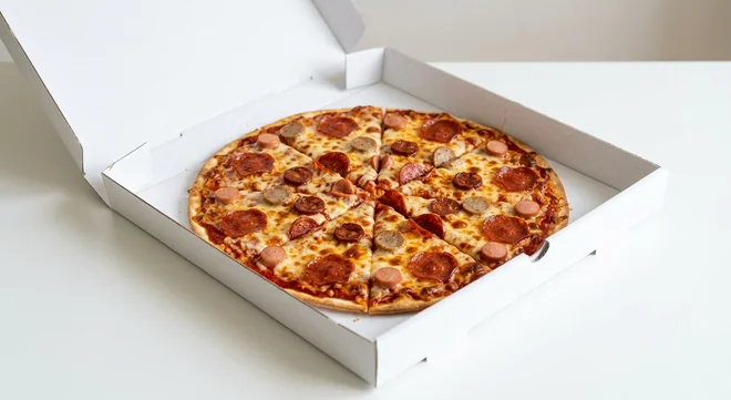 Domino's Absolute Banger (Thin & Crispy), whole Thin & Crispy pizza with pepperoni, chorizo, sausage and hot dog in a takeaway pizza box, nutrition and calories