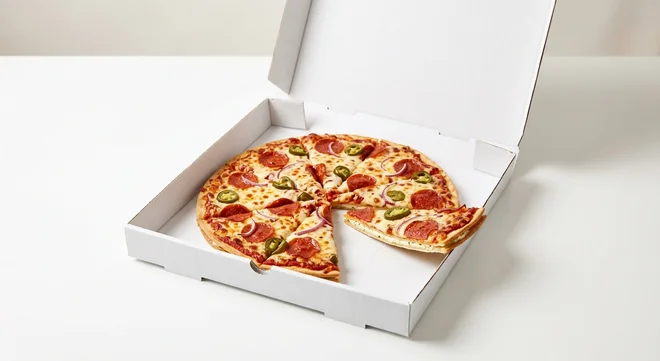 Domino's American Hot (Double Decadence), whole Double Decadence pizza with pepperoni, red onion and jalapeños in a takeaway pizza box, nutrition and calories