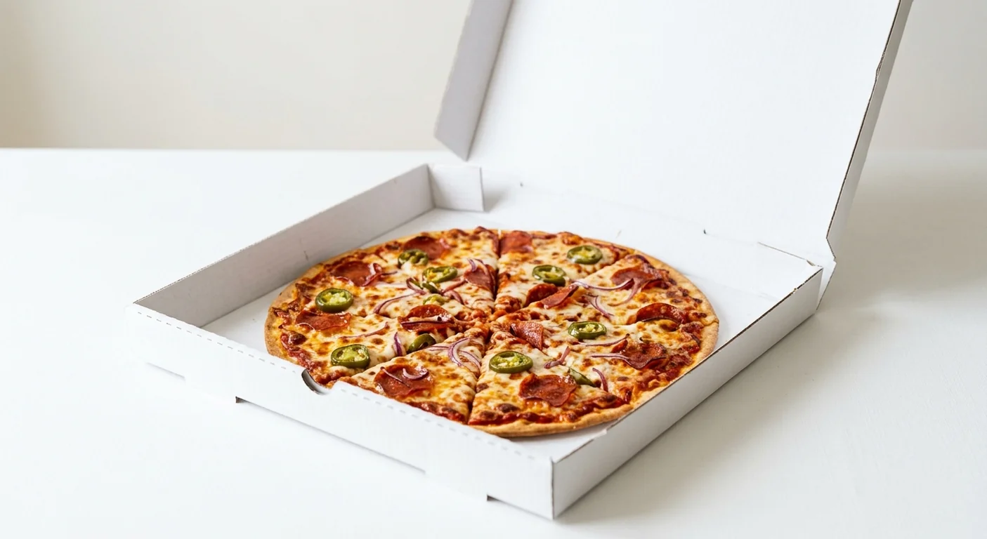Domino's American Hot (Thin & Crispy), whole Thin & Crispy pizza with pepperoni, red onion and jalapeños in a takeaway pizza box, nutrition and calories
