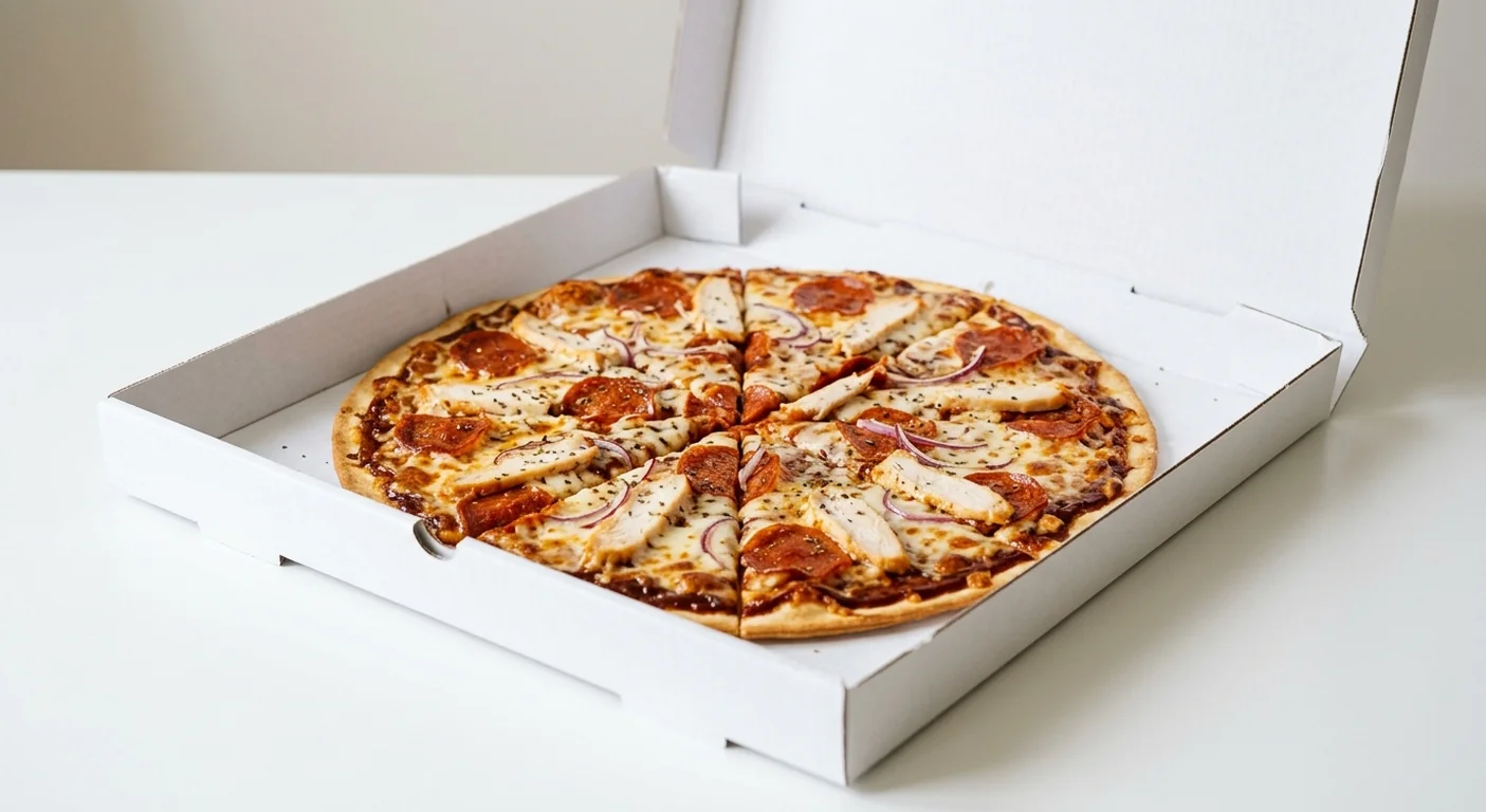 Domino's Americano (Thin & Crispy), whole Thin & Crispy pizza with BBQ sauce, pepperoni, chicken and red onion in a takeaway pizza box, nutrition and calories