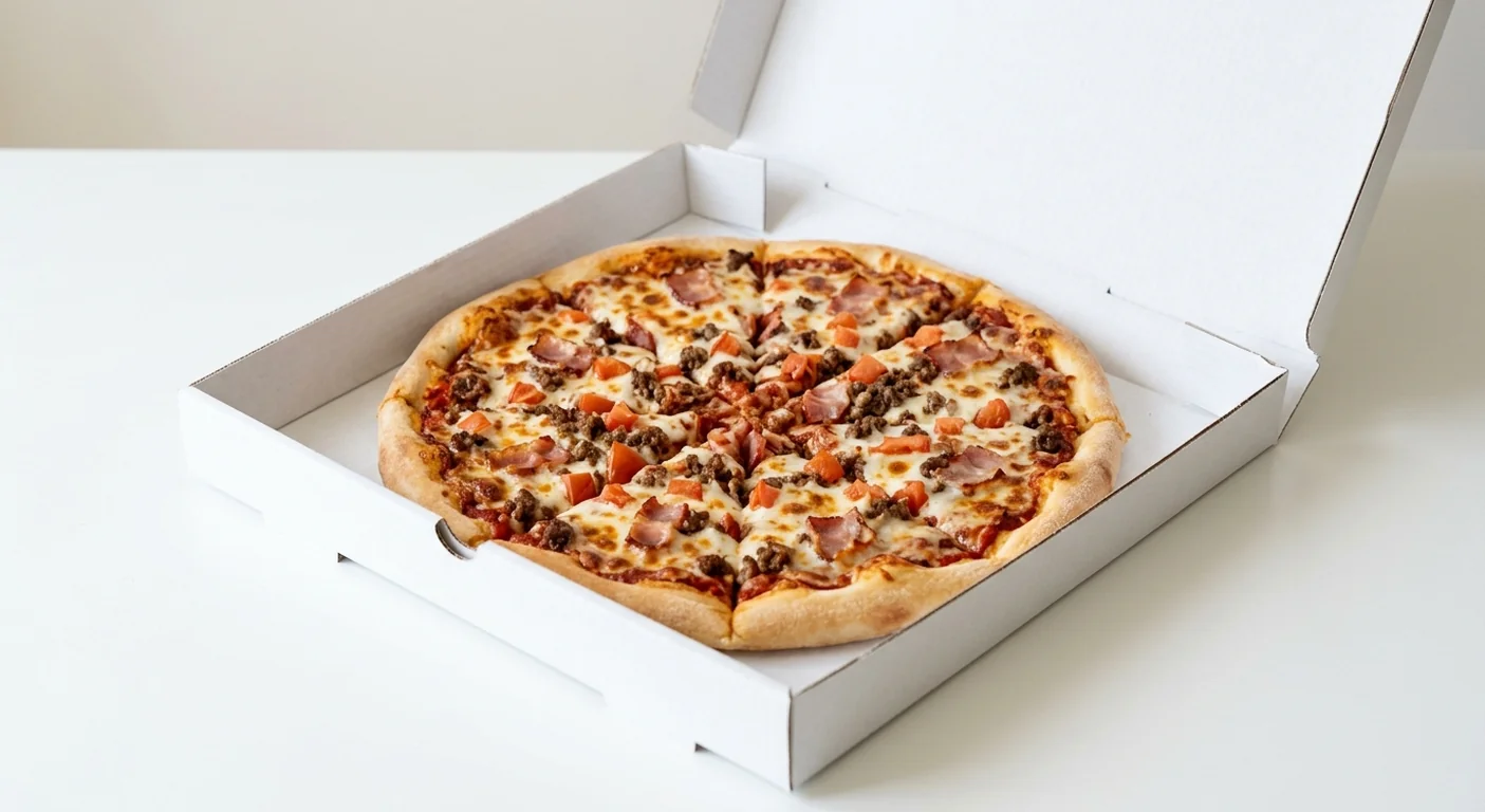 Domino's Bacon Double Cheese (Classic Crust), whole Classic Crust pizza with bacon, beef and tomato in a takeaway pizza box, nutrition and calories