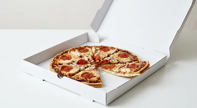 Domino's Americano (Double Decadence), whole Double Decadence pizza with BBQ sauce, pepperoni, chicken and red onion in a takeaway pizza box, nutrition and calories
