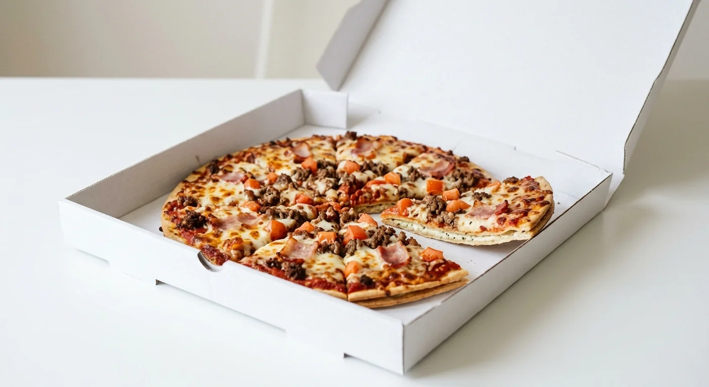Domino's Bacon Double Cheese (Double Decadence), whole Double Decadence pizza with bacon, beef and tomato in a takeaway pizza box, nutrition and calories