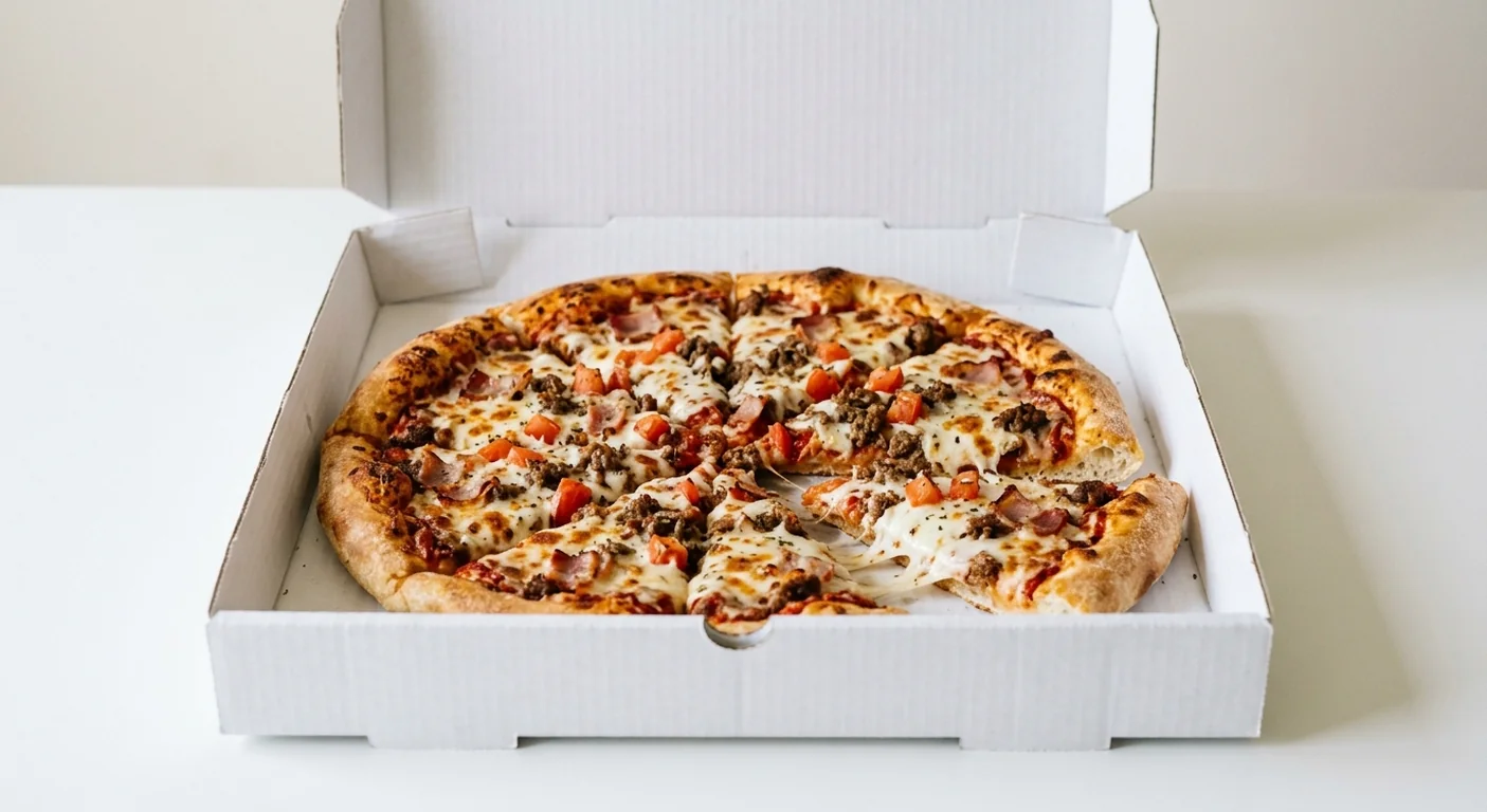 Domino's Bacon Double Cheese (Stuffed Crust), whole Stuffed Crust pizza with bacon, beef and tomato in a takeaway pizza box, nutrition and calories