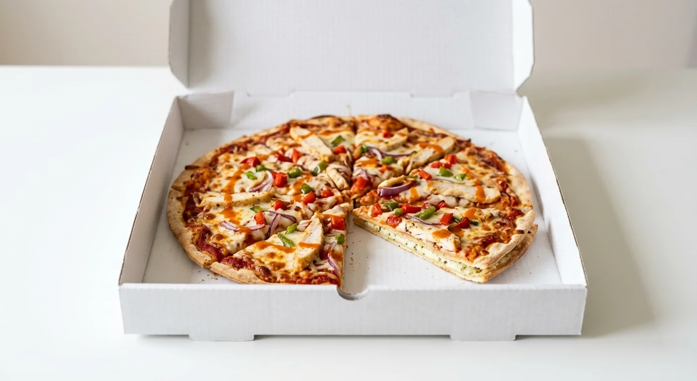 Domino's Buffalo Chicken (Double Decadence), whole Double Decadence pizza with chicken, red onion, peppers and hot sauce in a takeaway pizza box, nutrition and calories