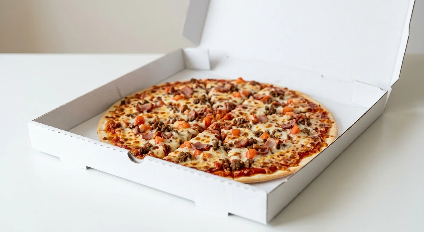 Domino's Bacon Double Cheese (Thin & Crispy), whole Thin & Crispy pizza with bacon, beef and tomato in a takeaway pizza box, nutrition and calories
