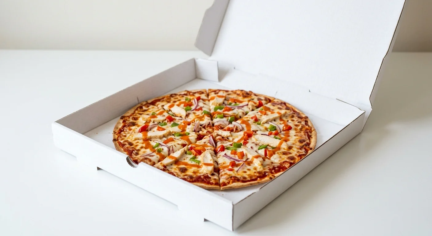 Domino's Buffalo Chicken (Thin & Crispy), whole Thin & Crispy pizza with chicken, red onion, peppers and hot sauce in a takeaway pizza box, nutrition and calories