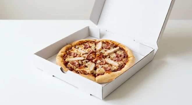 Domino's Cheeky Little BBQ Chicken and Bacon (Classic Crust), whole Classic Crust pizza with BBQ sauce, bacon and chicken in a takeaway pizza box, nutrition and calories
