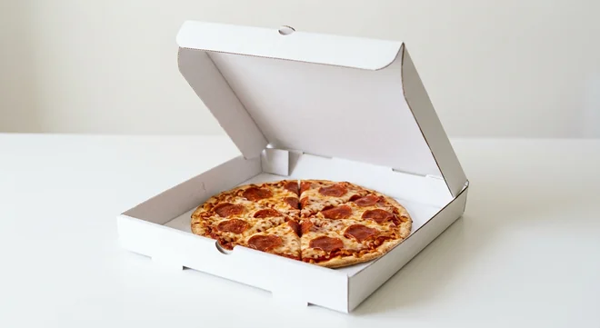 Domino's Cheeky Little Pepperoni (Thin & Crispy), whole Thin & Crispy pizza with pepperoni in a takeaway pizza box, nutrition and calories