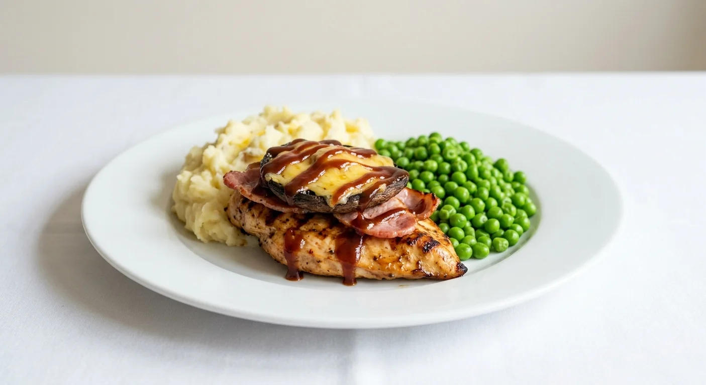 Wetherspoon BBQ Chicken Melt with Mashed Potato, grilled chicken breast topped with bacon, mushroom, cheddar and BBQ sauce, with mashed potato and peas on a white plate, nutrition and calories