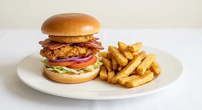 Wetherspoon Tennessee (Fried Buttermilk Chicken), buttermilk chicken burger with honey glaze, bacon, onion ring and salad, with chips on a white plate, nutrition and calories