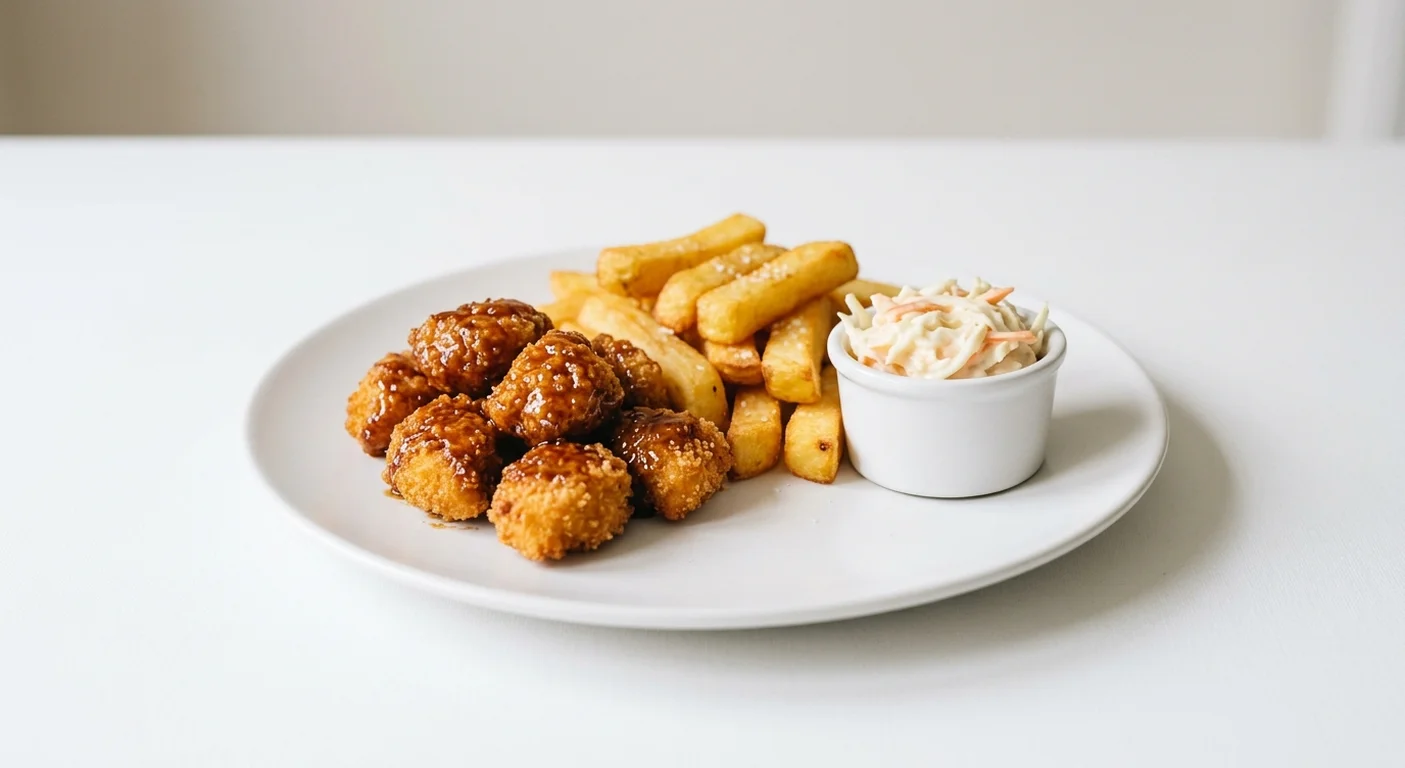 Wetherspoon Chicken Bites Basket with Chips, chicken breast bites in sticky soy sauce with coleslaw and chips on a white plate, nutrition and calories