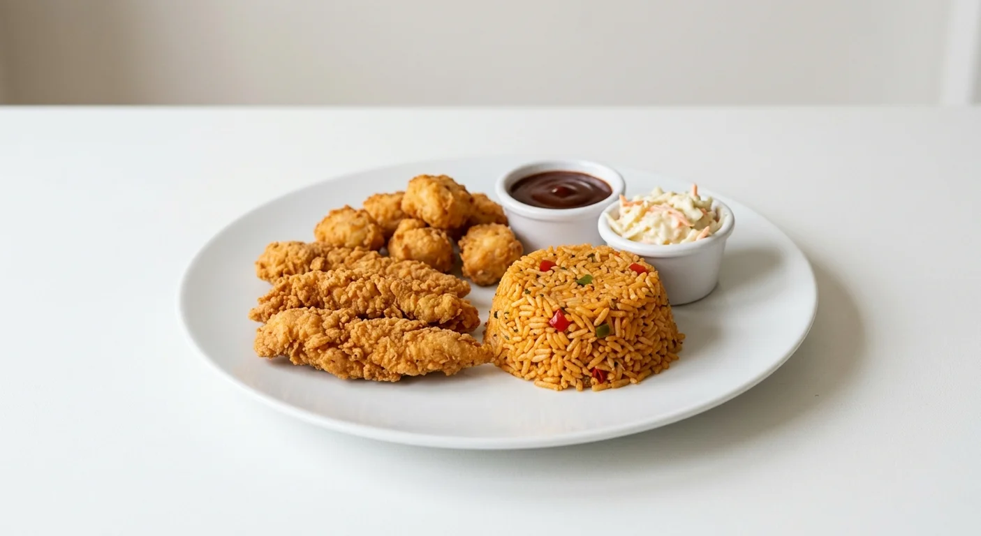 Wetherspoon Boneless Basket with Spicy Rice, three southern-fried chicken strips and five chicken bites with BBQ sauce, coleslaw and spicy rice on a white plate, nutrition and calories