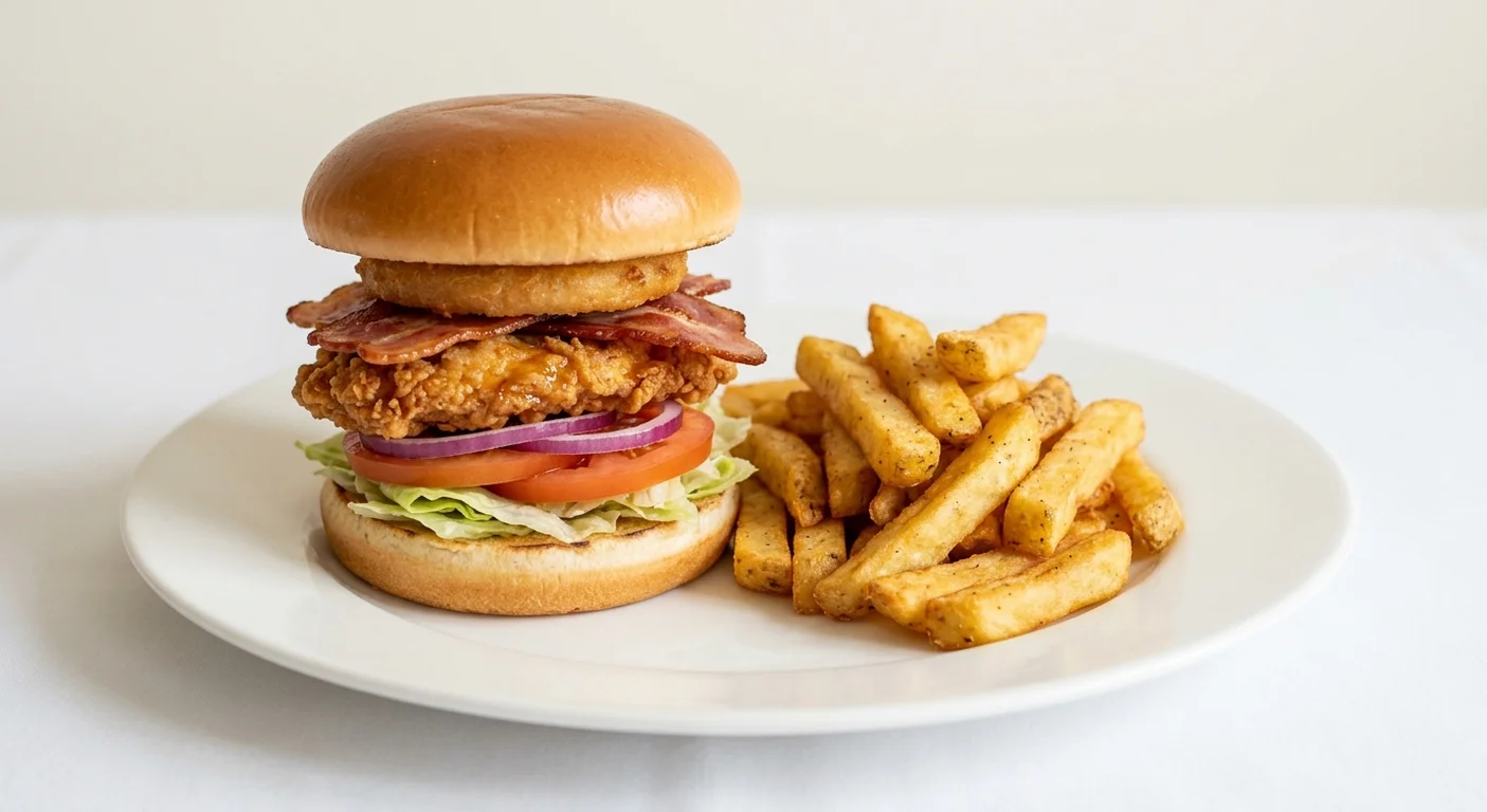 Wetherspoon Tennessee (Fried Buttermilk Chicken), buttermilk chicken burger with honey glaze, bacon, onion ring and salad, with chips on a white plate, nutrition and calories