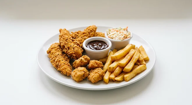 Wetherspoon Boneless Basket with Chips, three southern-fried chicken strips and five chicken bites with BBQ sauce, coleslaw and chips on a white plate, nutrition and calories