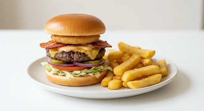 Wetherspoon Ultimate Burger, beef burger with cheddar, bacon, onion ring, gherkins, burger sauce and salad, with chips on a white plate, nutrition and calories