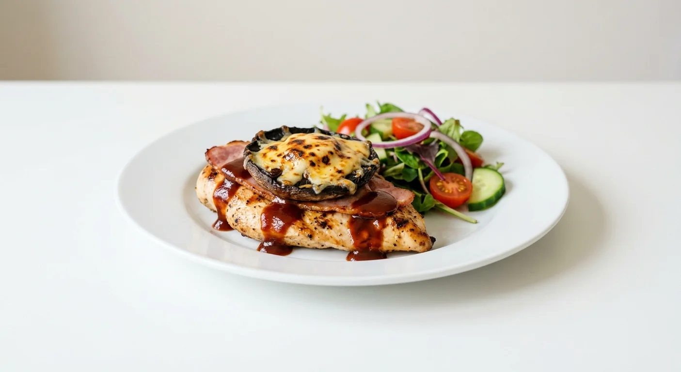 Wetherspoon BBQ Chicken Melt with Side Salad, grilled chicken breast topped with bacon, mushroom, cheddar and BBQ sauce, with a side salad on a white plate, nutrition and calories