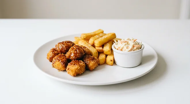 Wetherspoon Chicken Bites Basket with Chips, chicken breast bites in sticky soy sauce with coleslaw and chips on a white plate, nutrition and calories