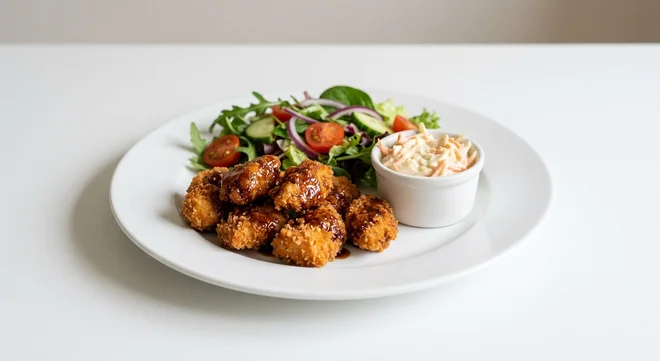 Wetherspoon Chicken Bites Basket with Side Salad, chicken breast bites in sticky soy sauce with coleslaw and side salad on a white plate, nutrition and calories