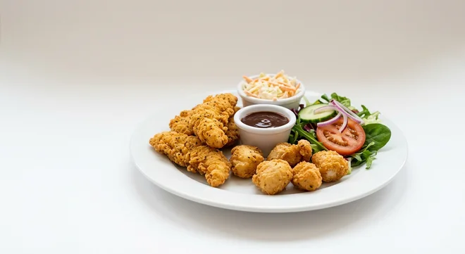 Wetherspoon Boneless Basket with Side Salad, three southern-fried chicken strips and five chicken bites with BBQ sauce, coleslaw and side salad on a white plate, nutrition and calories