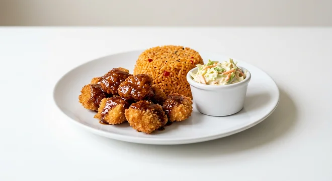 Wetherspoon Chicken Bites Basket with Spicy Rice, chicken breast bites in sticky soy sauce with coleslaw and spicy rice on a white plate, nutrition and calories
