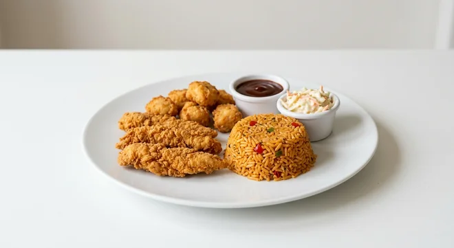 Wetherspoon Boneless Basket with Spicy Rice, three southern-fried chicken strips and five chicken bites with BBQ sauce, coleslaw and spicy rice on a white plate, nutrition and calories