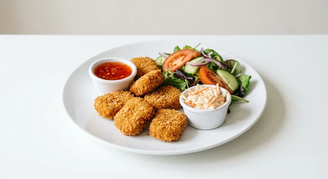 Wetherspoon Quorn 'No Chicken' Nuggets Basket with Side Salad, breaded Quorn nuggets with sweet chilli sauce, coleslaw and side salad on a white plate, nutrition and calories