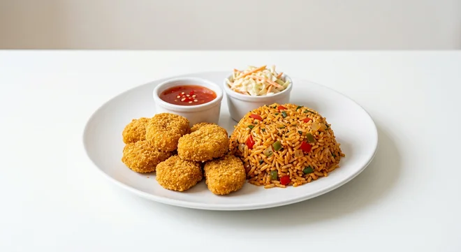Wetherspoon Quorn 'No Chicken' Nuggets Basket with Spicy Rice, breaded Quorn nuggets with sweet chilli sauce, coleslaw and spicy rice on a white plate, nutrition and calories