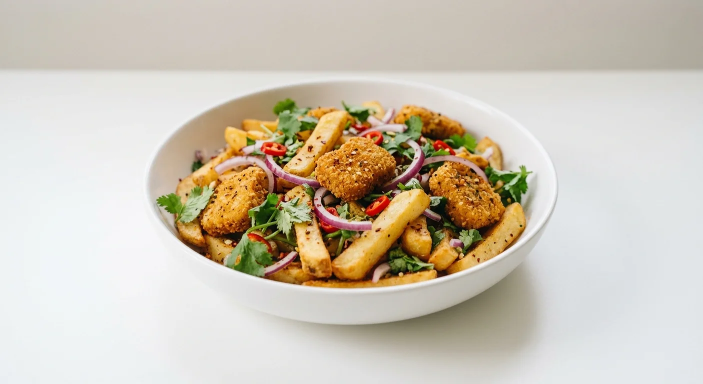 Wetherspoon Quorn 'No Chicken' Spice Bag with Chips, spiced Quorn nuggets with red onion, chilli and coriander mixed through chips in a white bowl, nutrition and calories