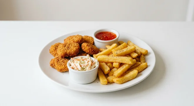 Wetherspoon Quorn 'No Chicken' Nuggets Basket with Chips, breaded Quorn nuggets with sweet chilli sauce, coleslaw and chips on a white plate, nutrition and calories