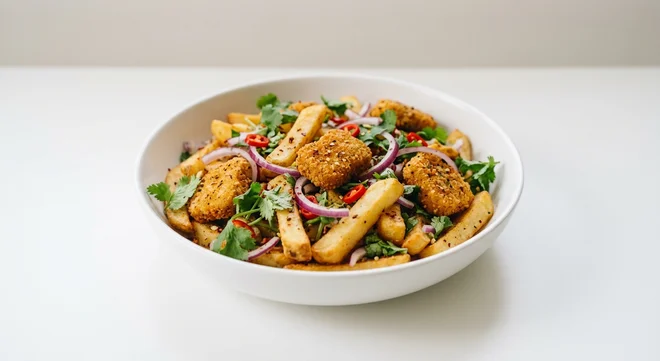 Wetherspoon Quorn 'No Chicken' Spice Bag with Chips, spiced Quorn nuggets with red onion, chilli and coriander mixed through chips in a white bowl, nutrition and calories
