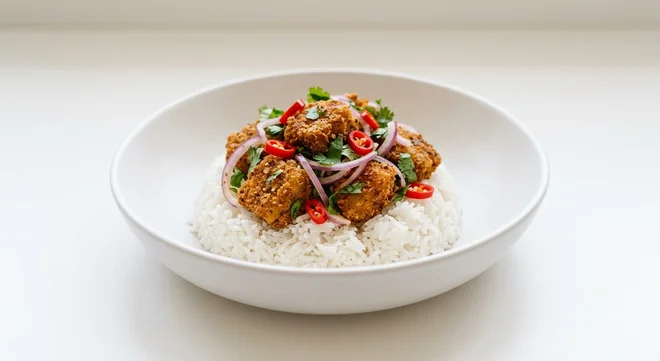Wetherspoon Quorn 'No Chicken' Spice Bag with Coconut-Flavour Rice, spiced Quorn nuggets with red onion, chilli and coriander on coconut rice in a white bowl, nutrition and calories