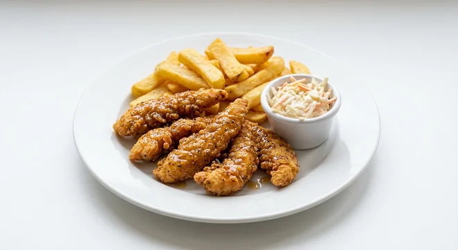 Wetherspoon Southern-Fried Chicken Strips Basket with Chips, southern-fried chicken strips in honey glaze with coleslaw and chips on a white plate, nutrition and calories