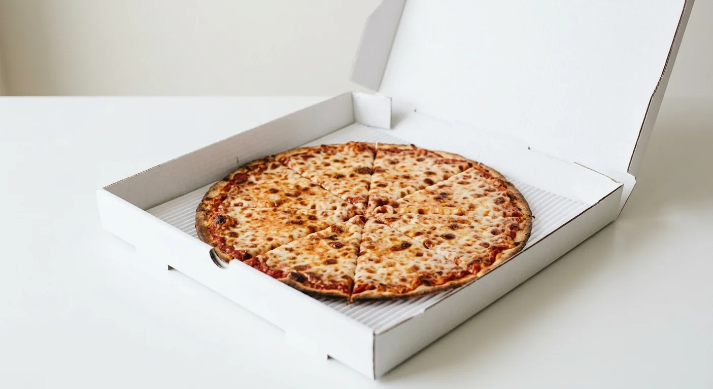 Domino's Cheese & Tomato (Thin & Crispy), whole Thin & Crispy pizza with tomato and mozzarella in a takeaway pizza box, nutrition and calories