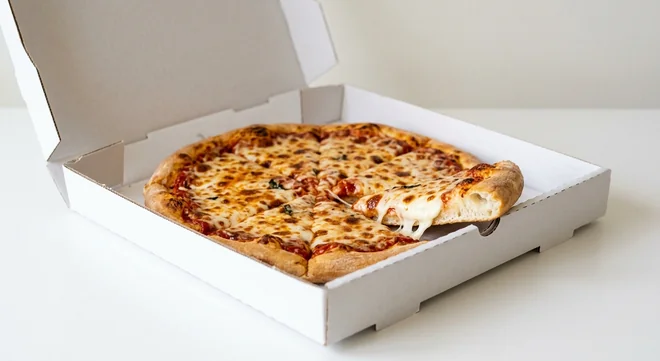 Domino's Cheese & Tomato (Stuffed Crust), whole Stuffed Crust pizza with tomato and mozzarella in a takeaway pizza box, nutrition and calories