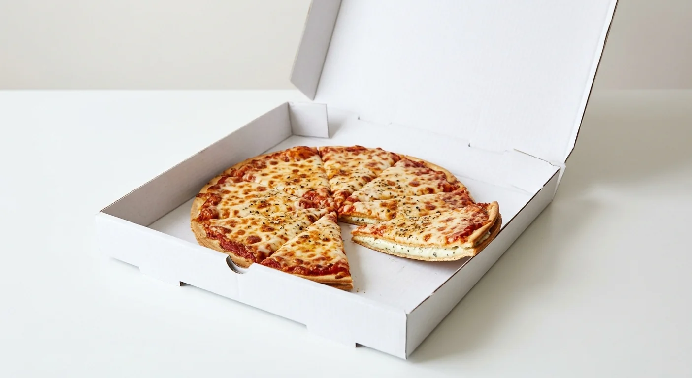 Domino's Cheese & Tomato (Double Decadence), whole Double Decadence pizza with tomato and mozzarella in a takeaway pizza box, nutrition and calories