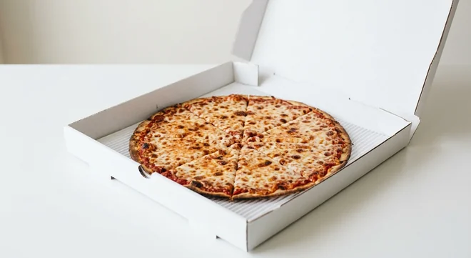 Domino's Cheese & Tomato (Thin & Crispy), whole Thin & Crispy pizza with tomato and mozzarella in a takeaway pizza box, nutrition and calories